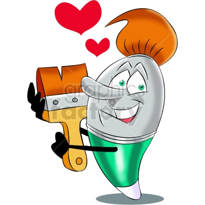 The clipart image shows a cartoon artist or stylist who is in love with a paintbrush. The artist is depicted holding a heart-shaped object, while gazing lovingly at the paintbrush in their other hand. This image represents the idea of passion and devotion to art.
