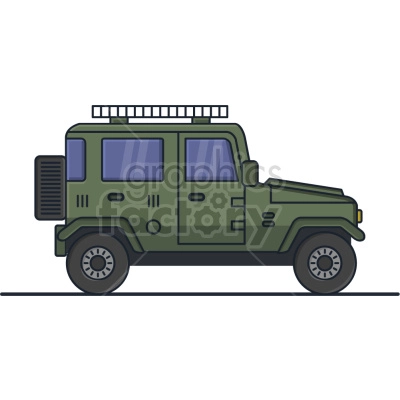 The clipart image shows a cartoon-style graphic of a jeep, which is a type of off-road vehicle. The jeep is depicted as a small, compact truck with four wheels and a distinctive front grille.
