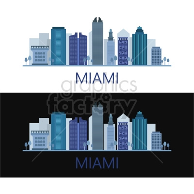 Clipart image of the Miami skyline featuring a variety of tall buildings in modern and classic architectural styles, depicted in both a light and dark background.